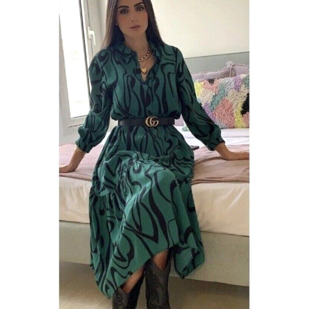 ZARA green black geometric printed long sleeve button down tiered midi dress